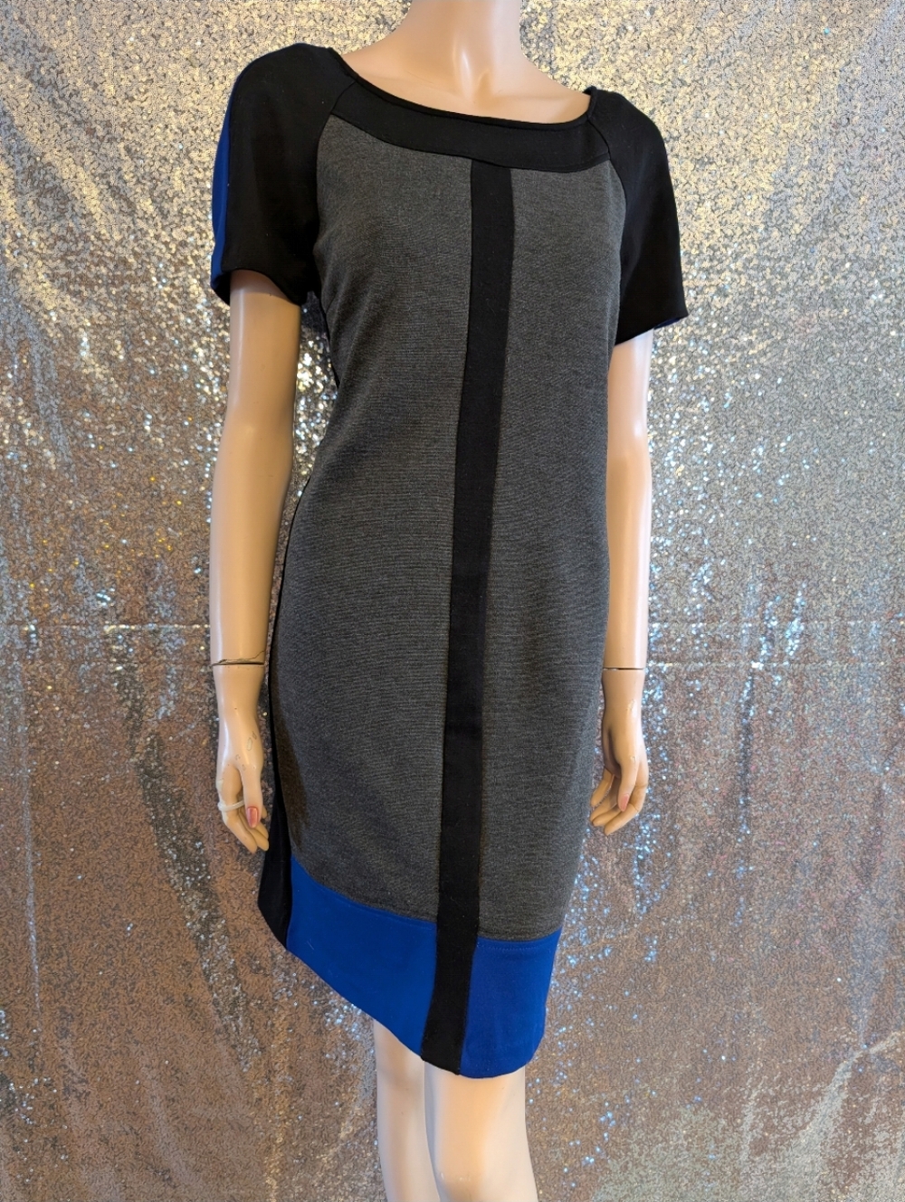Venus Color-Block Sheath Dress - Black, Grey & Royal Blue